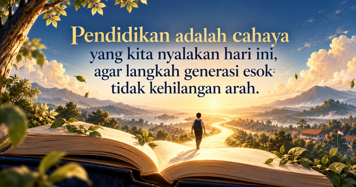 Ilustrasi buku terbuka dan pelajar menuju cahaya, disertai kutipan tentang pendidikan